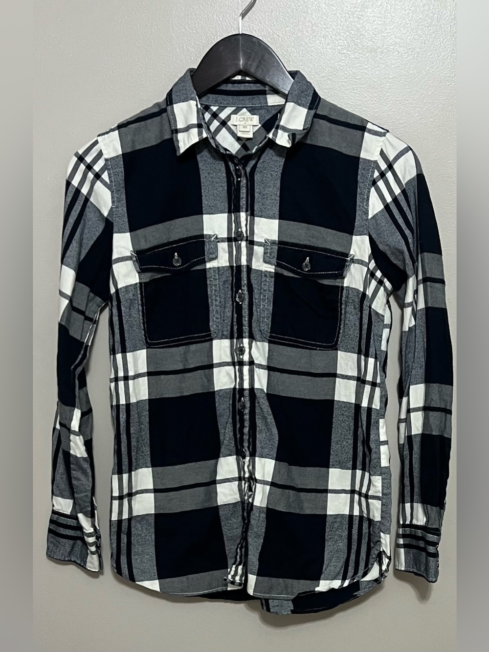 J.Crew Long Sleeve Plaid Black White Flannel Shirt Size XS